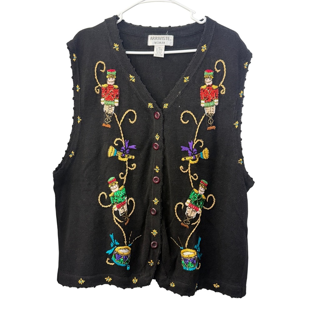 Arriviste Woman Nutcracker Beaded Christmas Sweater Vest Black 2X Plus Size